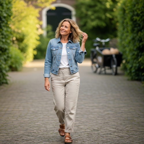 Danielle walking confidently on cobblestone street wearing denim jacket